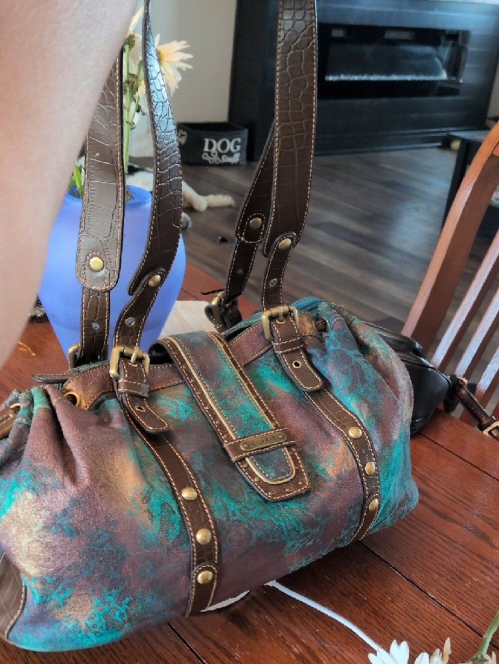 Sharif Studio Boho Teal & Brown Leather-Handpainted With Small Bag & Mirror